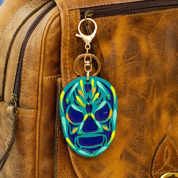 Alternate image for Hand-Painted Wood Mexican Wrestler Mask Keychain Bag Charm Mexican Wrestler