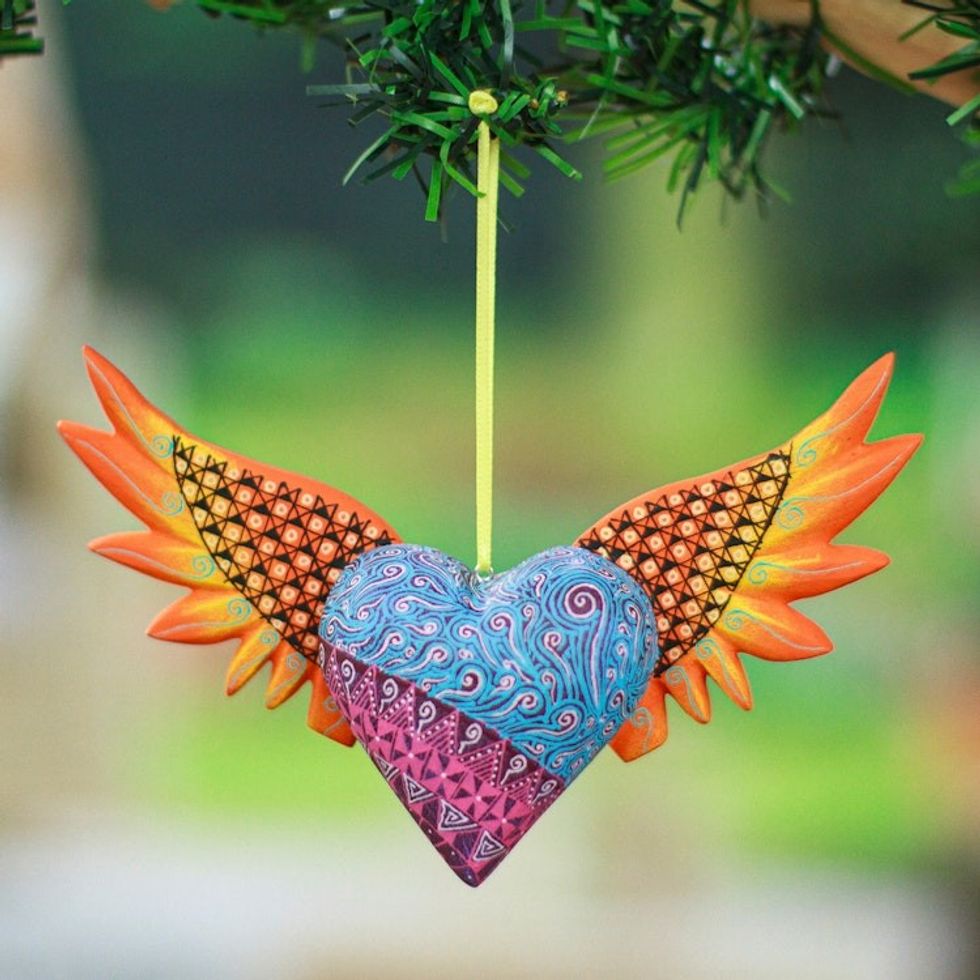 Hand-Painted Copal Wood Winged Heart Ornament in Orange 'Orange Wings of the Heart'