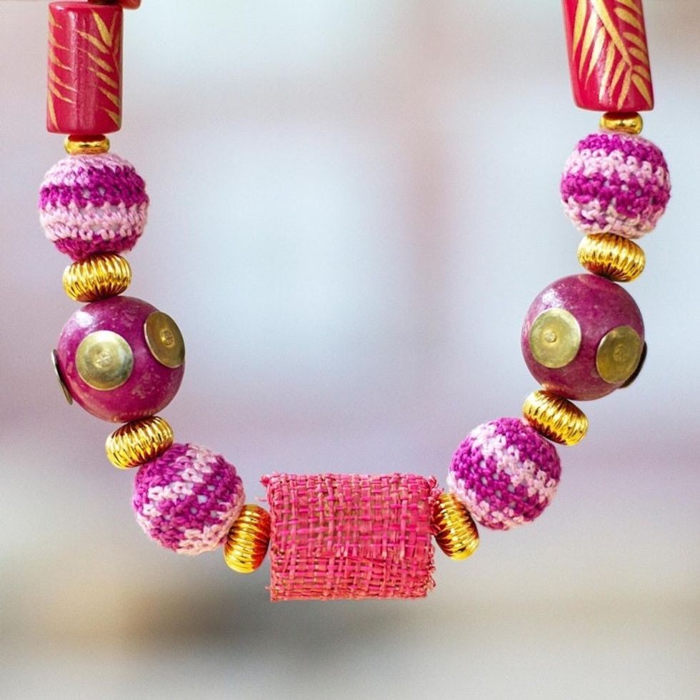 Gold-Accented Fuchsia and Purple Wood Beaded Necklace 'Floral Duo'