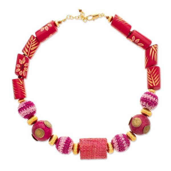 Alternate image for Gold-Accented Fuchsia and Purple Wood Beaded Necklace Floral Duo