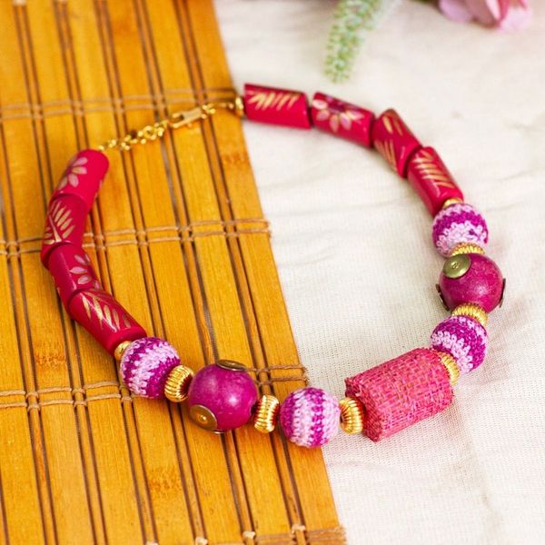 Alternate image for Gold-Accented Fuchsia and Purple Wood Beaded Necklace Floral Duo