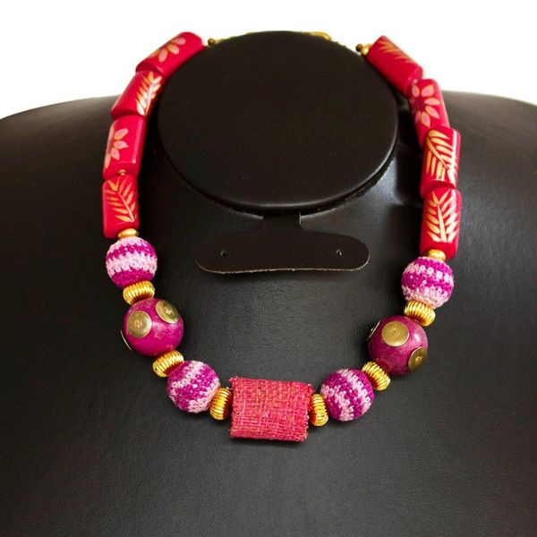 Alternate image for Gold-Accented Fuchsia and Purple Wood Beaded Necklace Floral Duo