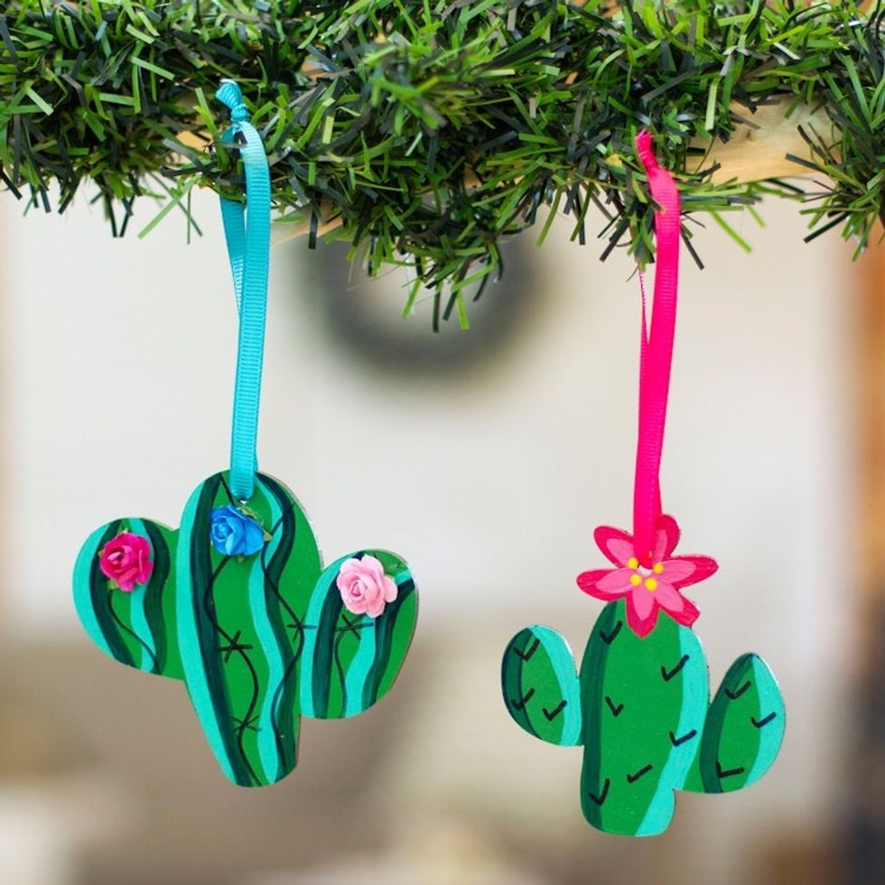 Pair of Hand-Painted Wood Prickly Pear-Themed Ornaments 'Adorable Prickly Pear'