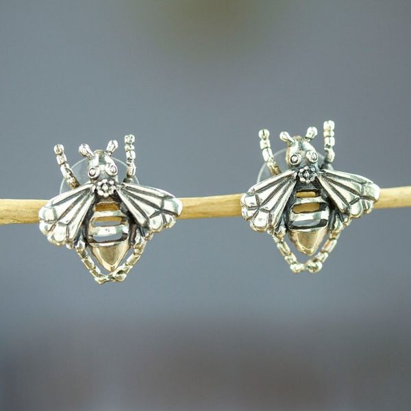 Alternate image for Sterling Silver Bee Button Earrings Crafted in Mexico Openwork Bee