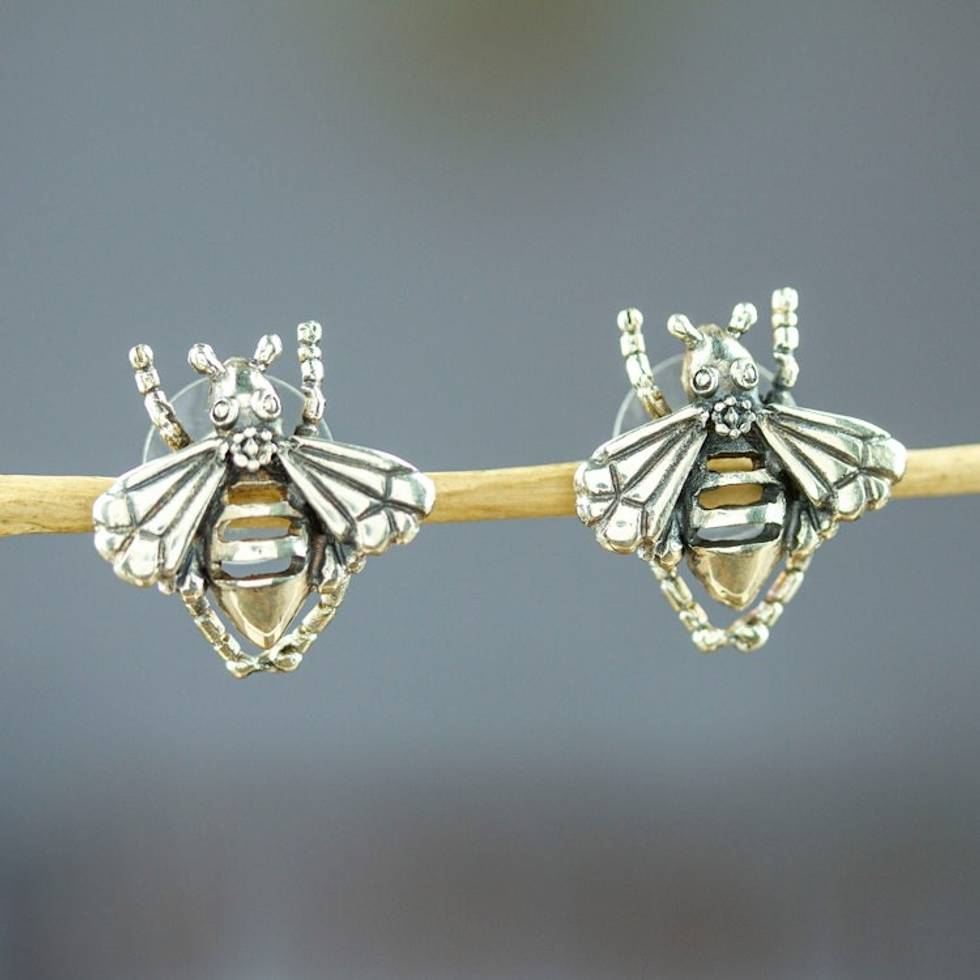 Sterling Silver Bee Button Earrings Crafted in Mexico 'Openwork Bee'