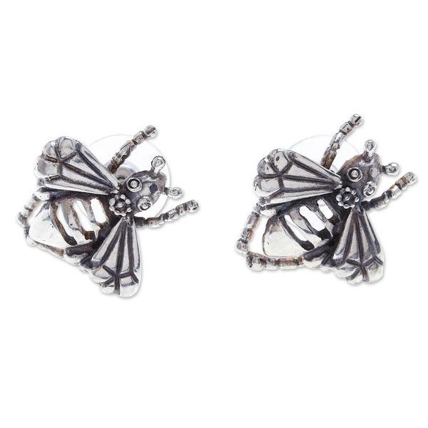 Alternate image for Sterling Silver Bee Button Earrings Crafted in Mexico Openwork Bee