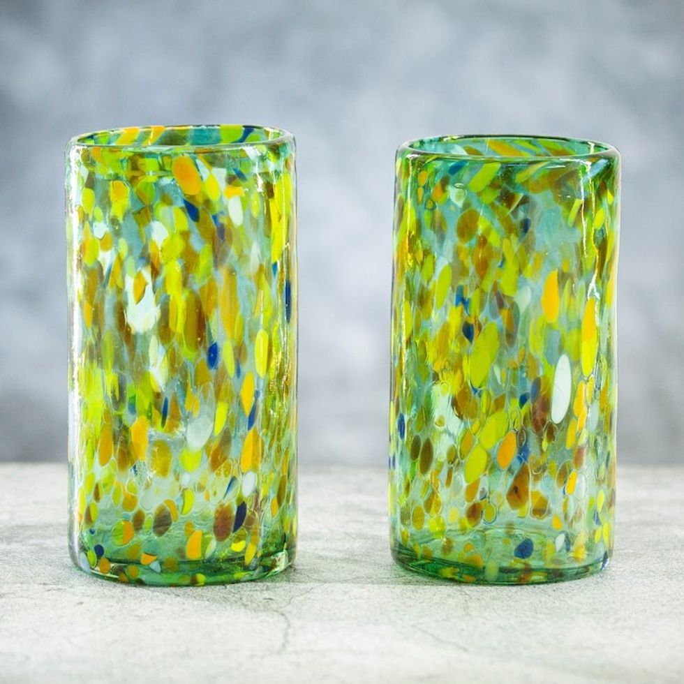Pair of Multicolor Handblown Recycled Highball Glasses 'Multicolor Green Party'