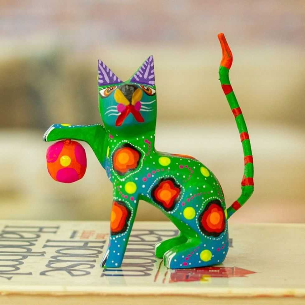 Painted Green Copal Wood Alebrije Cat Figurine with Ball 'Feline Sport in Green'