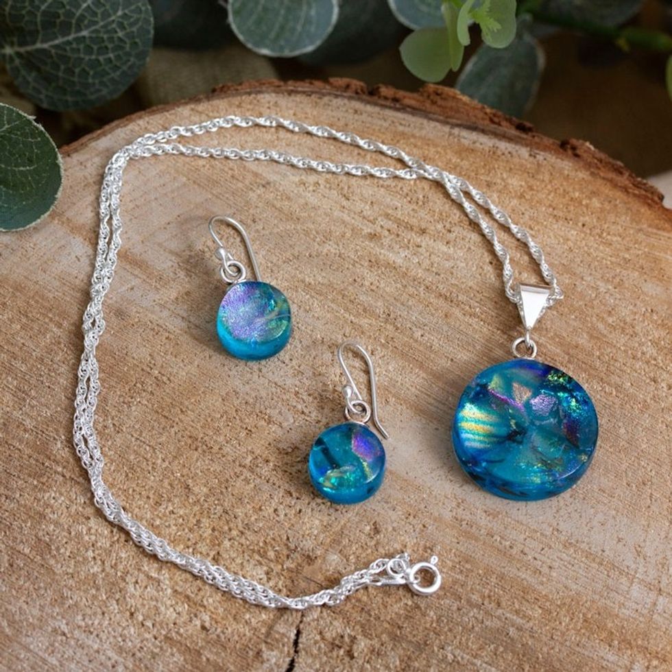 Round Cerulean Dichroic Art Glass Jewelry Set from Mexico 'Cerulean World'
