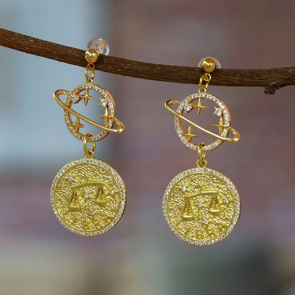 Gold-Plated Cubic Zirconia Libra Zodiac Sign Dangle Earrings 'Libra Galaxy'