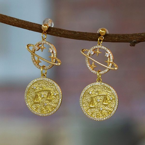 Alternate image for Gold-Plated Cubic Zirconia Libra Zodiac Sign Dangle Earrings Libra Galaxy