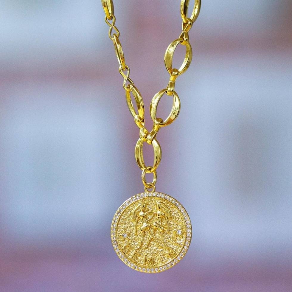 24k Gold-Plated Cubic Zirconia Gemini Sign Pendant Necklace 'Gemini Born'