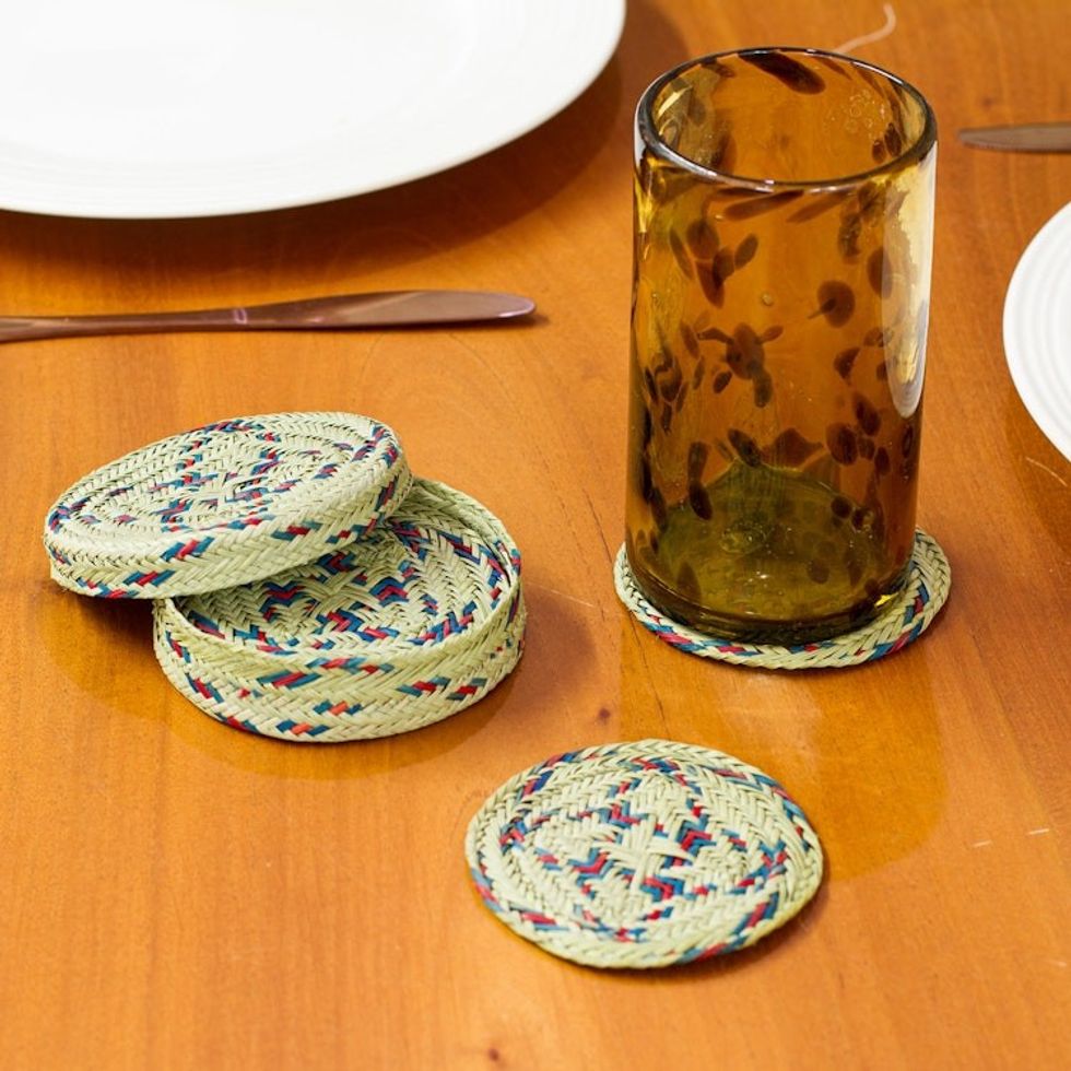 Set of 6 Cyan and Crimson Natural Fiber Coasters from Mexico 'Cyan Eco'
