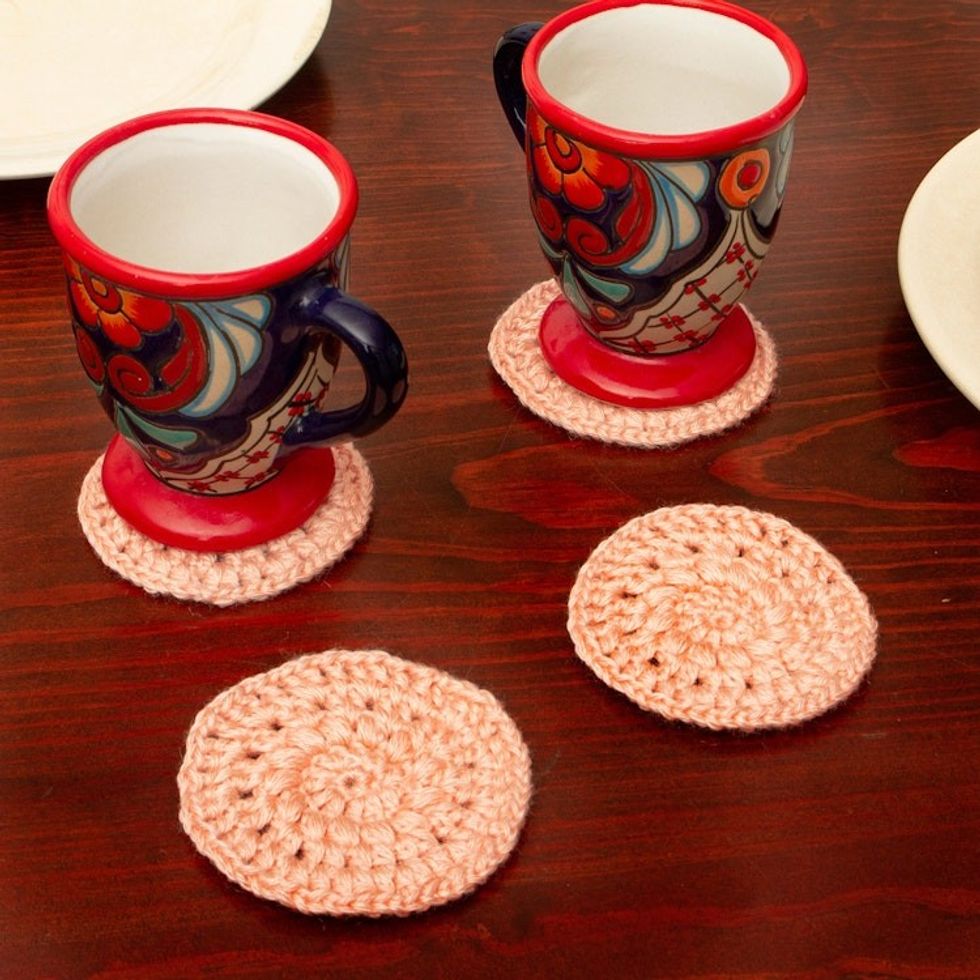 Set of 4 Handmade Petal Pink Crocheted Coasters 'Petal Pink Pinwheel'
