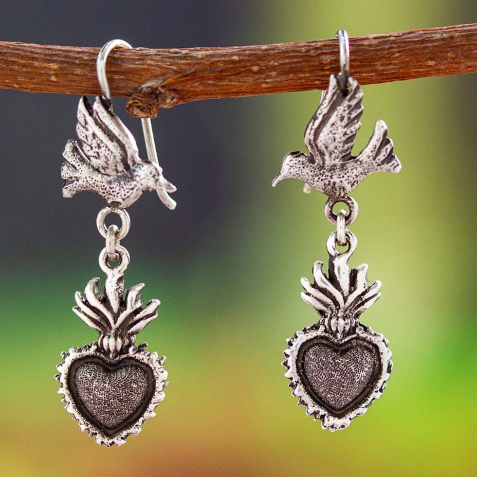 Sterling Silver Dangle Earrings with Heart and Dove Motifs 'Heaven's Romance'
