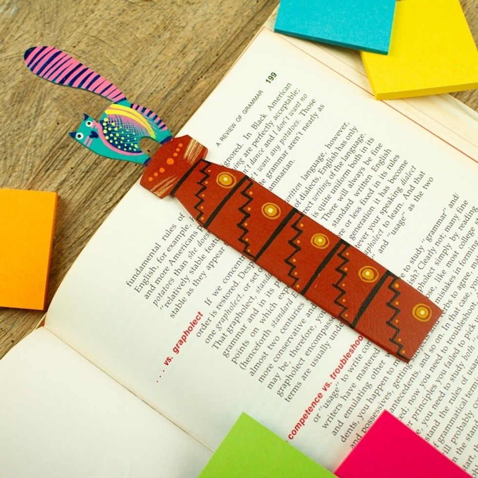 Teal and Pink Cat-Themed Copal Wood Bookmark from Mexico 'Reading Cat'