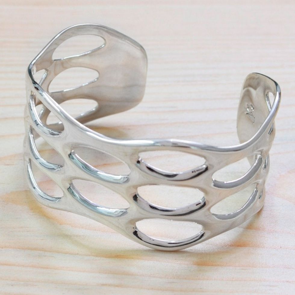 Taxco Sterling Silver Cuff Bracelet with Openwork Accents 'Oval Splendor'