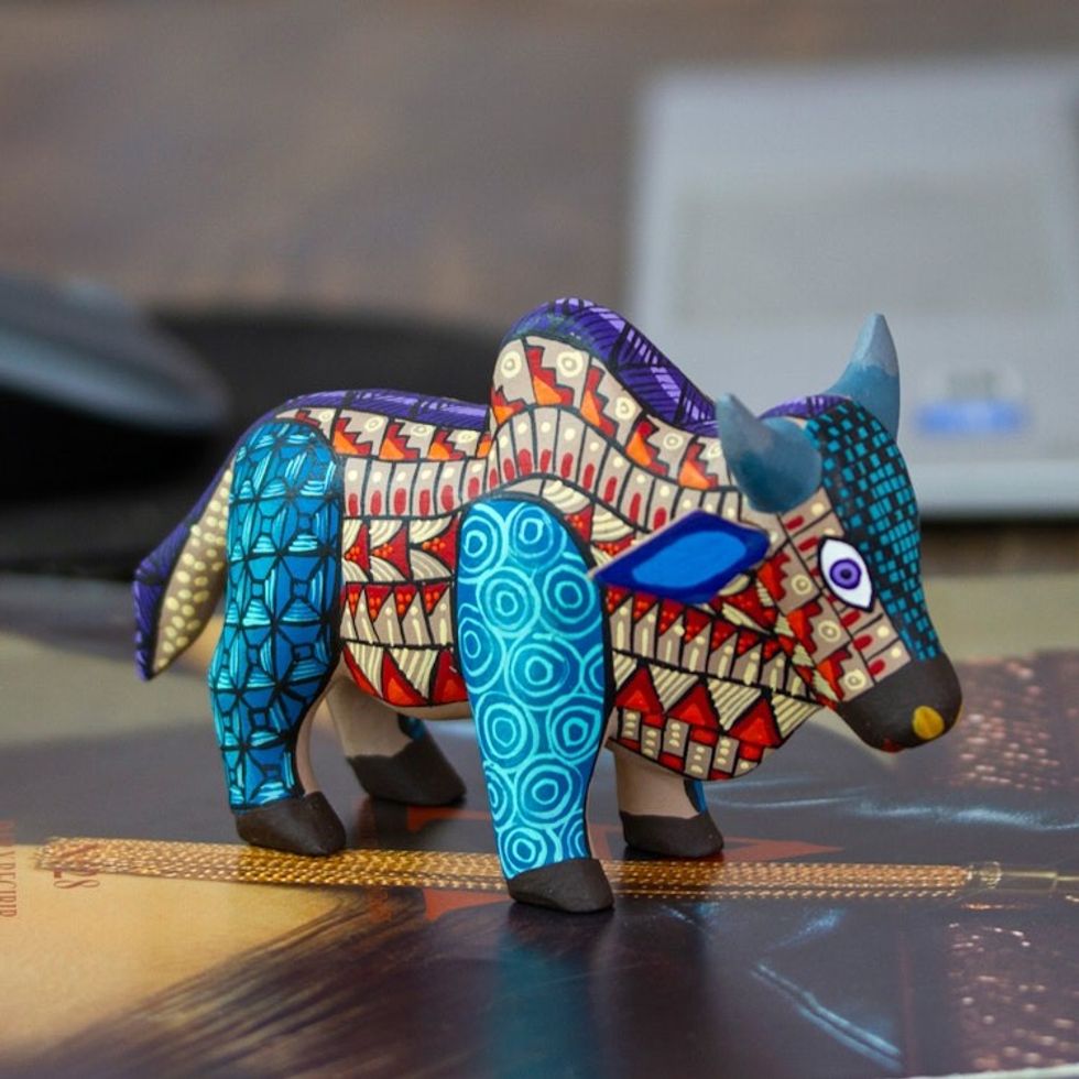 Wood Alebrije Bull Figurine Hand-Painted in Mexico 'Formidable Bull'