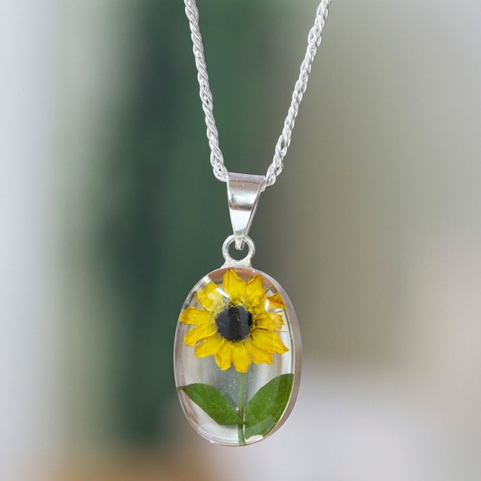 Oval Natural Sunflower Pendant Necklace from Mexico 'Sunflower Soul'