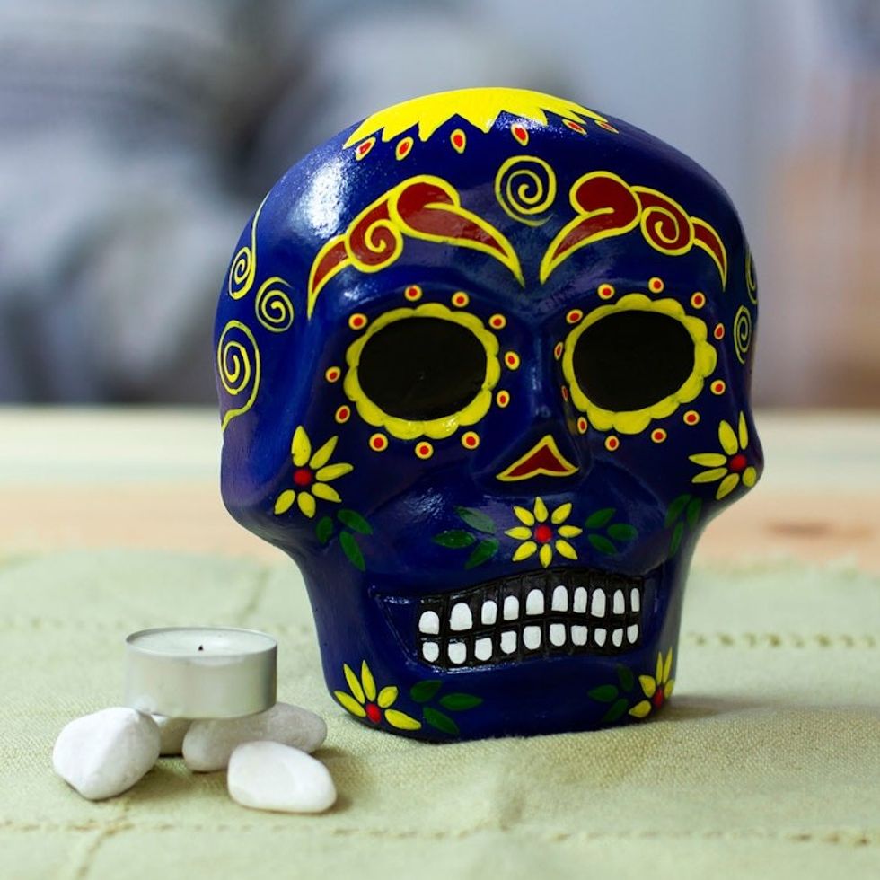Painted Floral Blue Day of the Dead Skull Ceramic Wall Art 'Face of the Vibrant Underworld'
