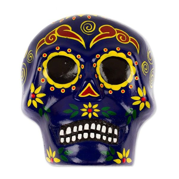 Alternate image for Painted Floral Blue Day of the Dead Skull Ceramic Wall Art Face of the Vibrant Underworld