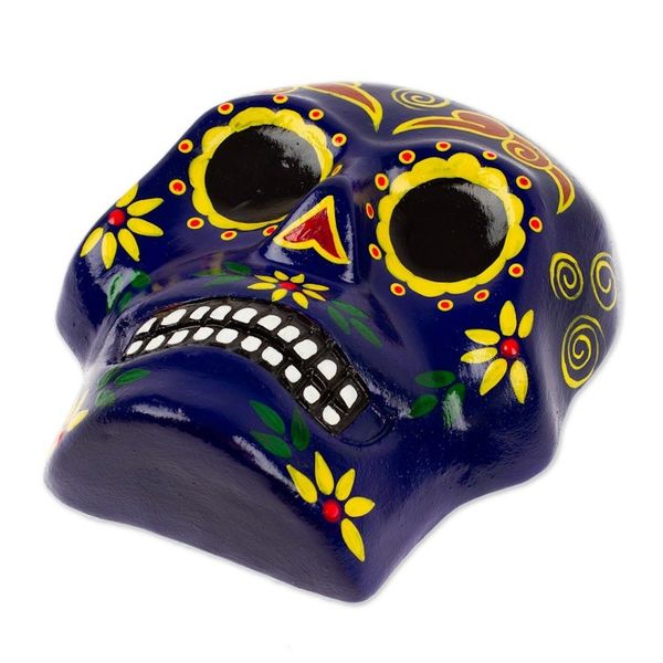 Alternate image for Painted Floral Blue Day of the Dead Skull Ceramic Wall Art Face of the Vibrant Underworld