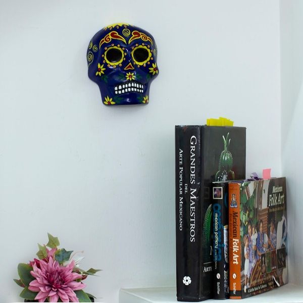 Alternate image for Painted Floral Blue Day of the Dead Skull Ceramic Wall Art Face of the Vibrant Underworld