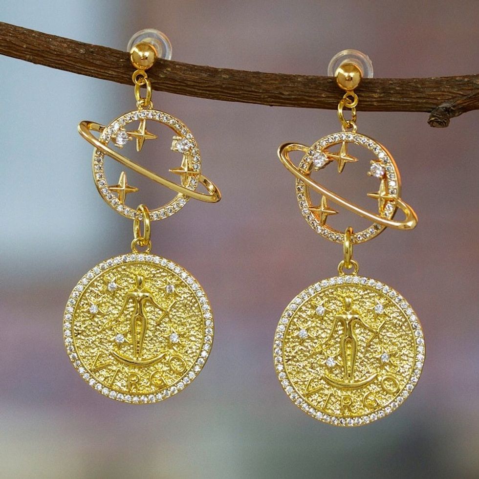 Cosmos-Themed 24k Gold-Plated Brass Virgo Dangle Earrings 'Virgo Galaxy'