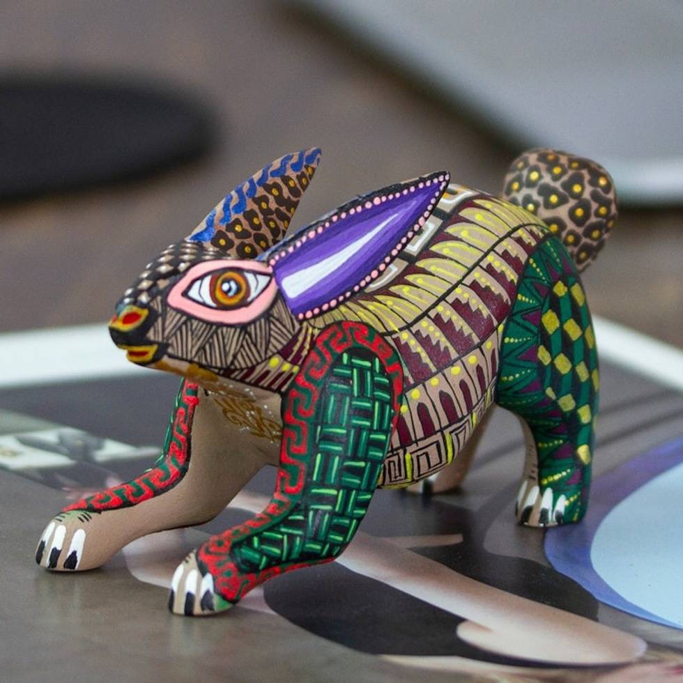 Hand-Painted Mexican Wood Alebrije Rabbit Figurine 'Adorable Rabbit'