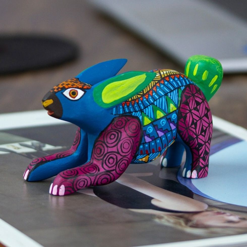 Wood Alebrije Rabbit Figurine Hand-Painted in Mexico 'Vivacious Rabbit'