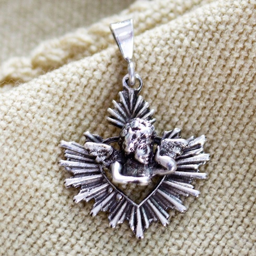 Religious Cherub-Themed Sterling Silver Pendant from Mexico 'Cherub's Glory'