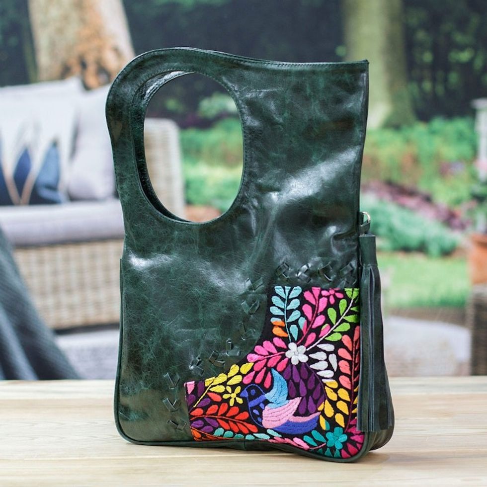 Modern Leather Handbag with Colorful Hummingbird Details 'Hummingbird Future'