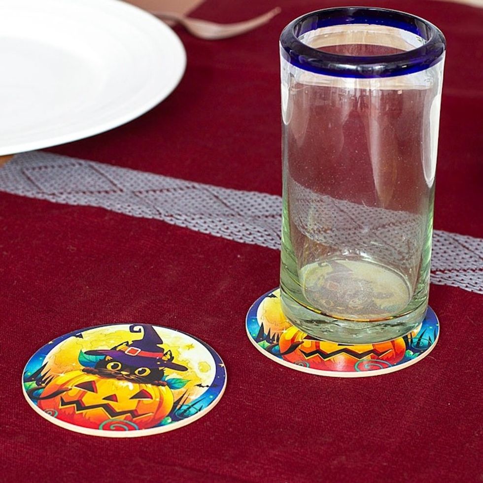 Pair of Artisan Crafted Wood Decoupage Coasters from Mexico 'Feline Halloween'