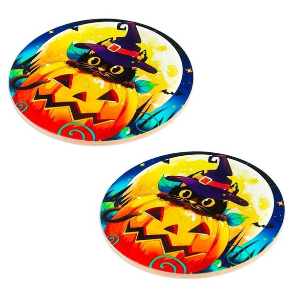 Alternate image for Pair of Artisan Crafted Wood Decoupage Coasters from Mexico Feline Halloween