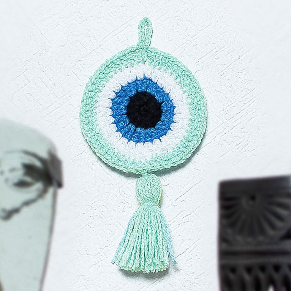 Handmade Evil Eye Talisman from Mexico 'See No Evil in Aqua'