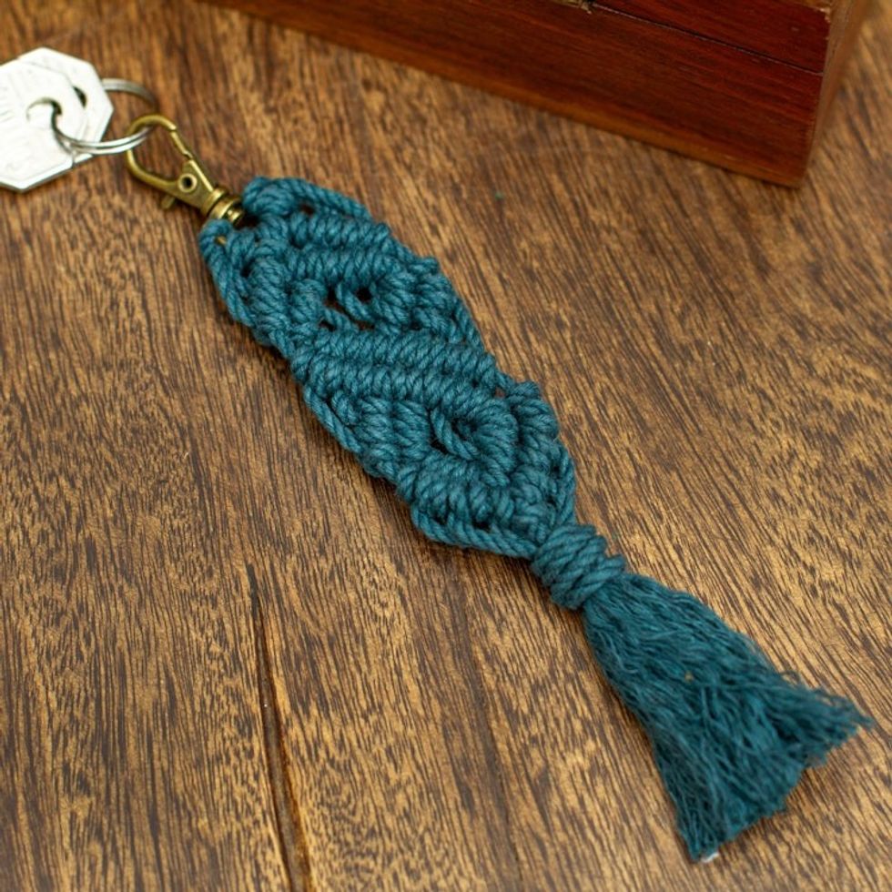 Mexican Recycled Cotton Macrame Keychain in Emerald 'Emerald Structure'