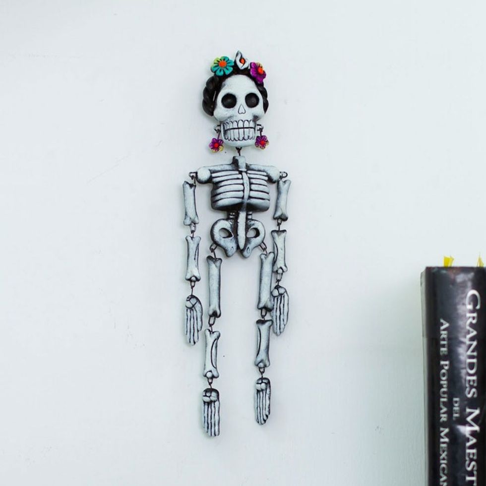 Hand-Painted Day of the Dead Frida Kahlo Ceramic Wall Art 'Frida's Festive Spirit'
