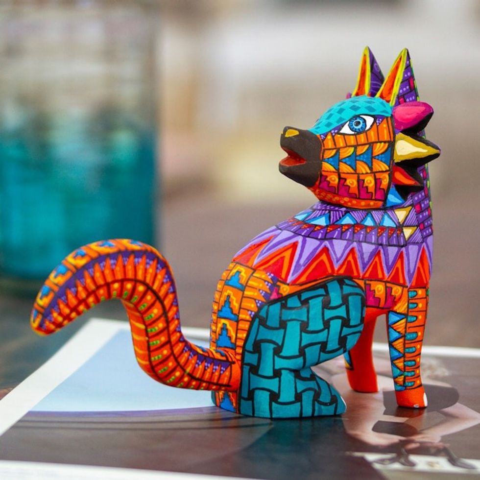 Hand-Painted Colorful Copal Wood Wolf Alebrije Figurine 'Leader's Fantasy Fur'