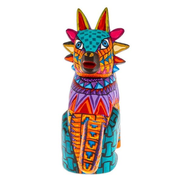 Alternate image for Hand-Painted Colorful Copal Wood Wolf Alebrije Figurine Leaders Fantasy Fur