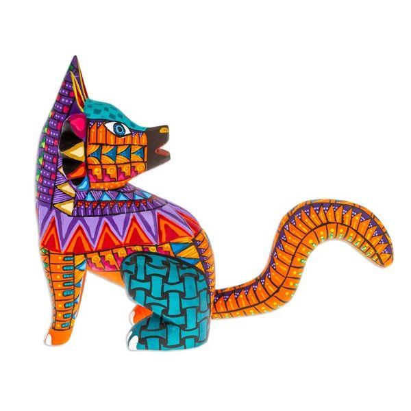 Alternate image for Hand-Painted Colorful Copal Wood Wolf Alebrije Figurine Leaders Fantasy Fur