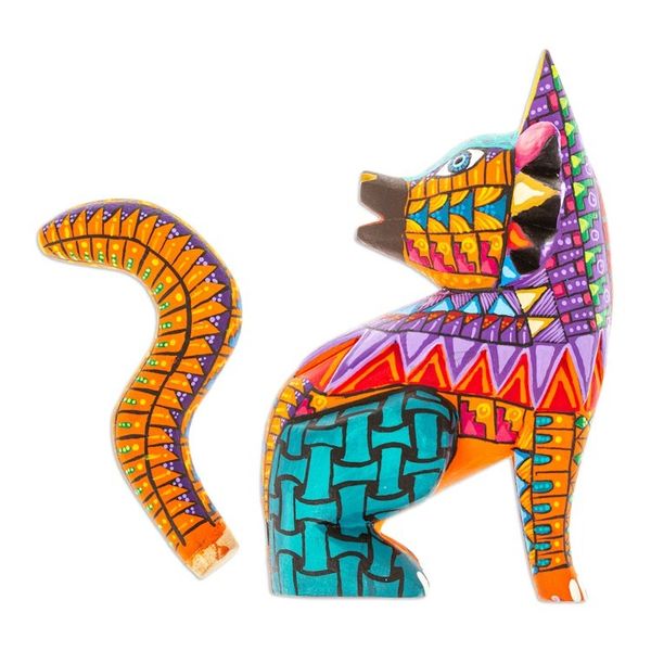 Alternate image for Hand-Painted Colorful Copal Wood Wolf Alebrije Figurine Leaders Fantasy Fur