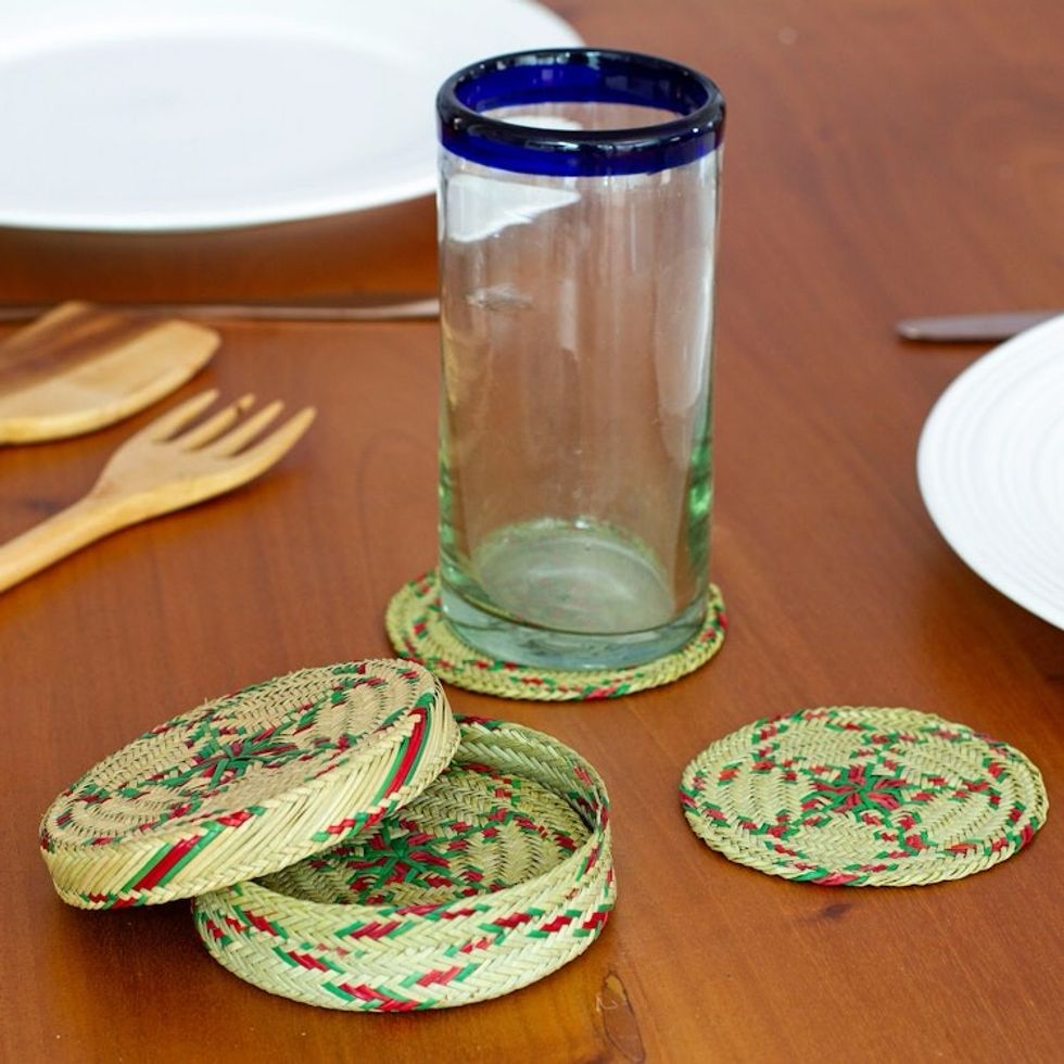 Set of 6 Green and Red Natural Fiber Coasters from Mexico 'Green Eco'