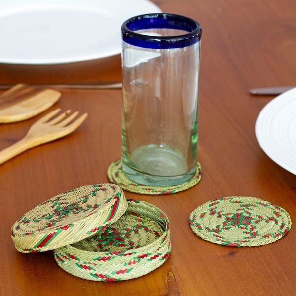 Alternate image for Set of 6 Green and Red Natural Fiber Coasters from Mexico Green Eco