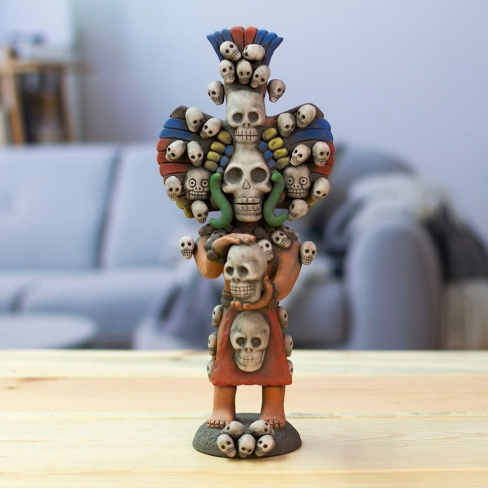 Hand-Painted Folk Art Aztec God Ceramic Sculpture 'Mictlantecuhtli Realm'