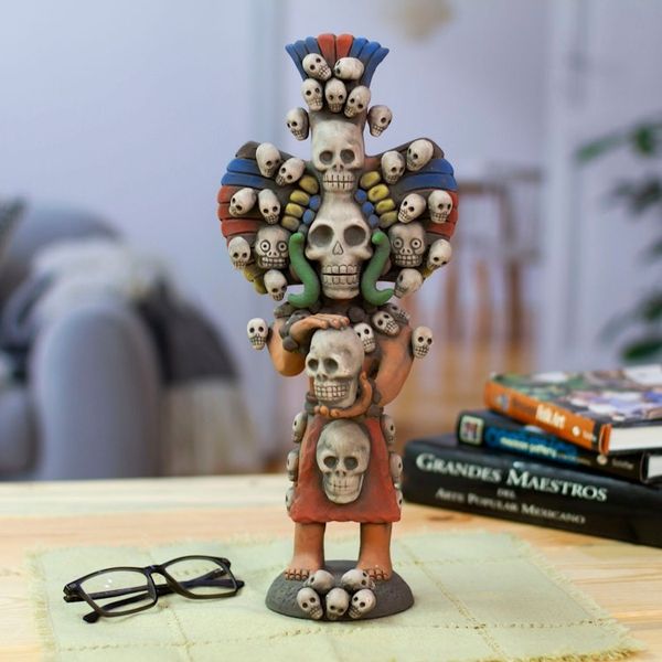 Alternate image for Hand-Painted Folk Art Aztec God Ceramic Sculpture Mictlantecuhtli Realm