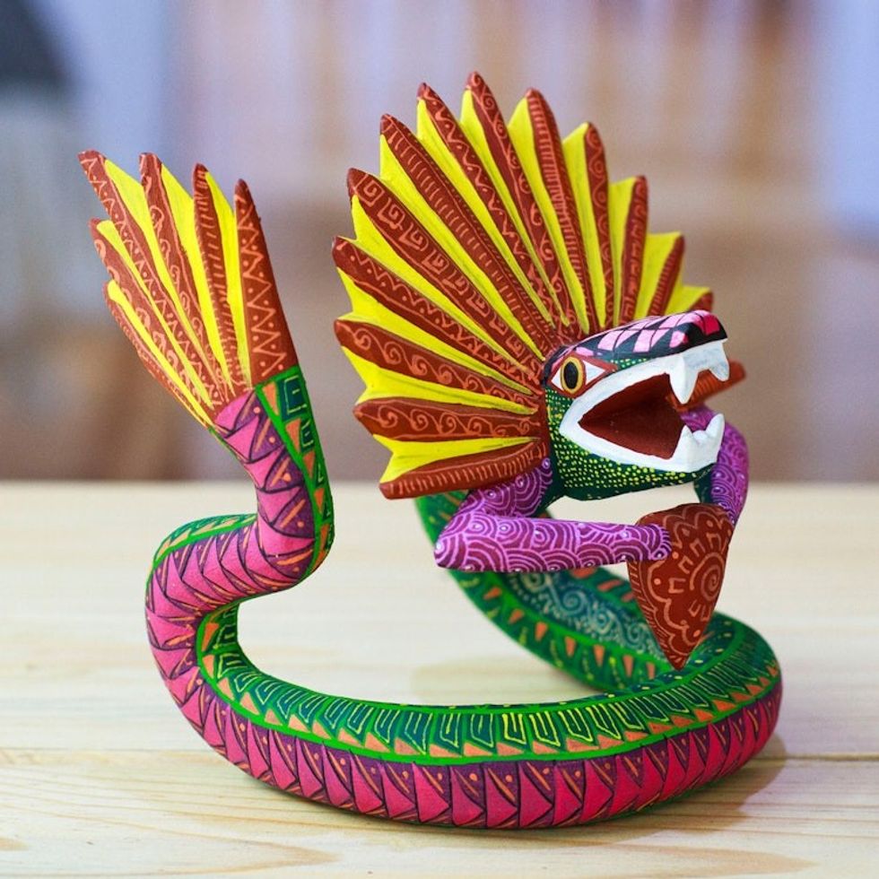 Hand-Painted Green and Purple Copal Wood Alebrije Sculpture 'Viridian Deity'