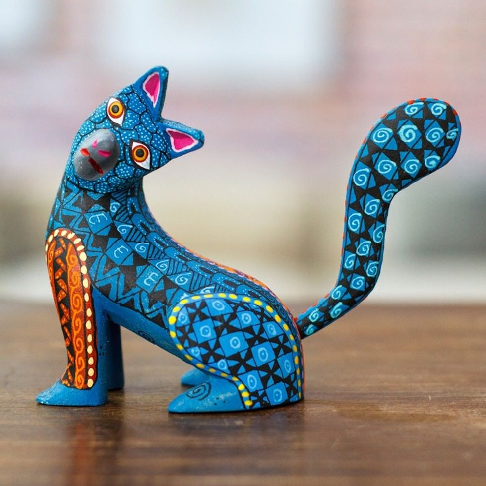 Wood Cat Alebrije Figurine in Teal Hand-Painted in Mexico 'Curious Cat in Teal'
