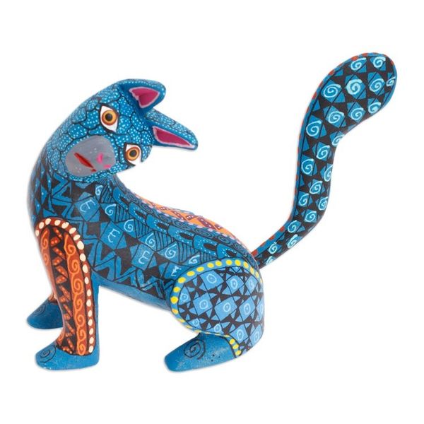 Alternate image for Wood Cat Alebrije Figurine in Teal Hand-Painted in Mexico Curious Cat in Teal