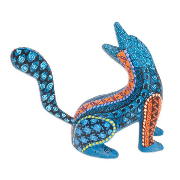 Alternate image for Wood Cat Alebrije Figurine in Teal Hand-Painted in Mexico Curious Cat in Teal