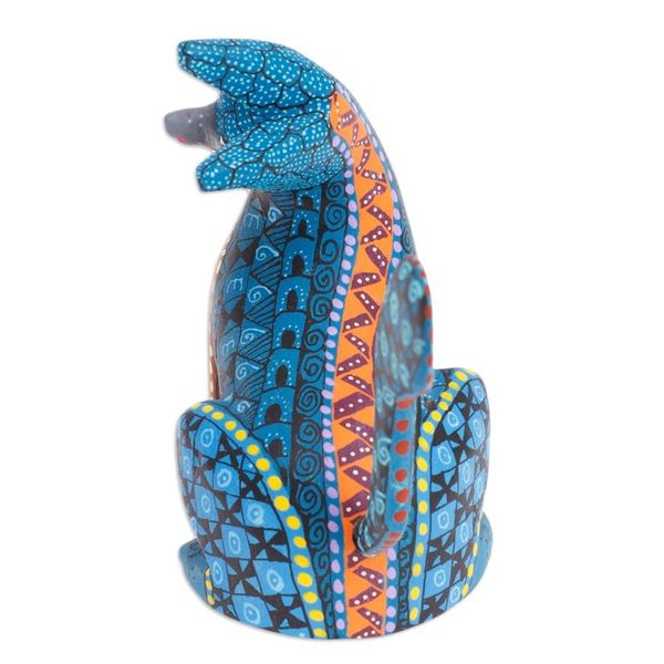 Alternate image for Wood Cat Alebrije Figurine in Teal Hand-Painted in Mexico Curious Cat in Teal